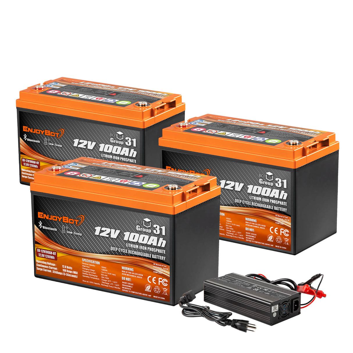 Enjoybot 12V 100Ah Bluetooth Lithium Battery_3 Pack+43.8V 13A Charger