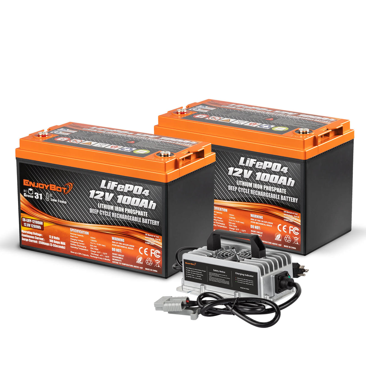 Enjoybot 12V 100Ah Group 31 Lithium Battery_2 Pack+29.2V 15A Charger