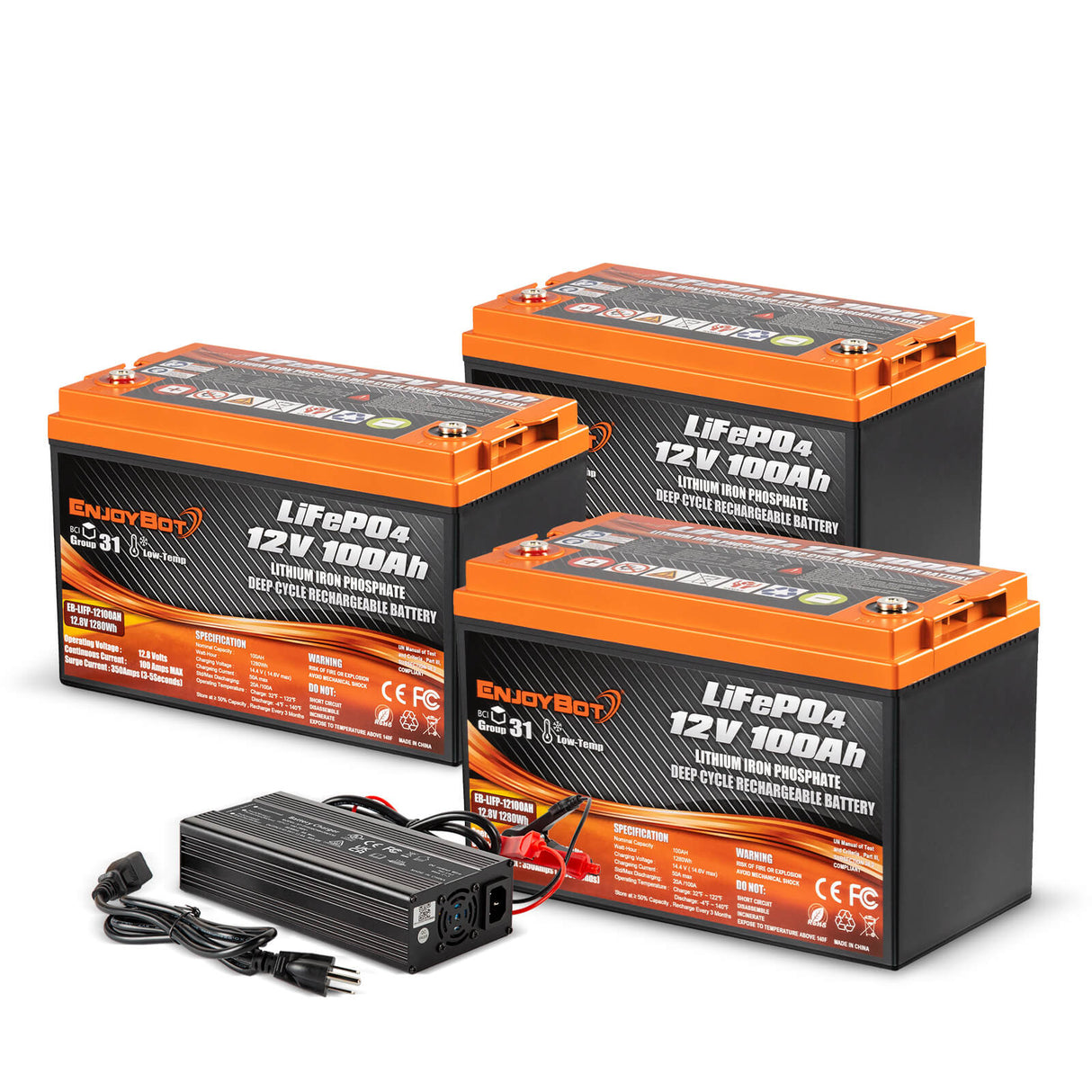 Enjoybot 12V 100Ah Group 31 Lithium Battery_3Pack+43.8V 13A Charger