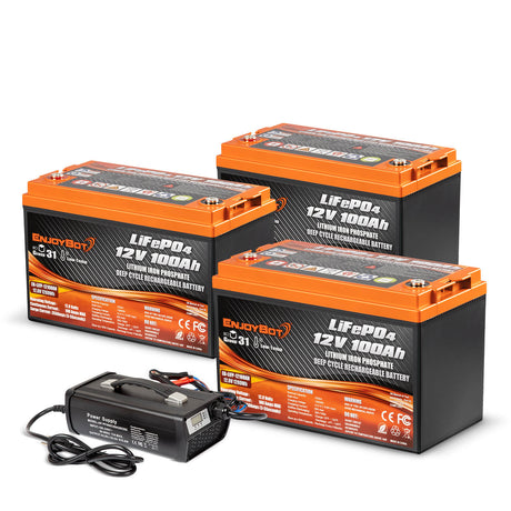 Enjoybot 12V 100Ah Group 31 Lithium Battery_3Pack+43.8V 20A Charger