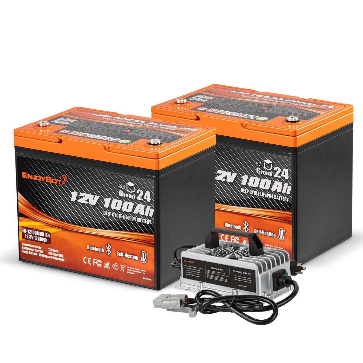 Enjoybot 12V 100Ah Group 24 Self-Heating & Bluetooth Lithium LiFePO4 Battery_2 Pack+29.2V 15A Charger