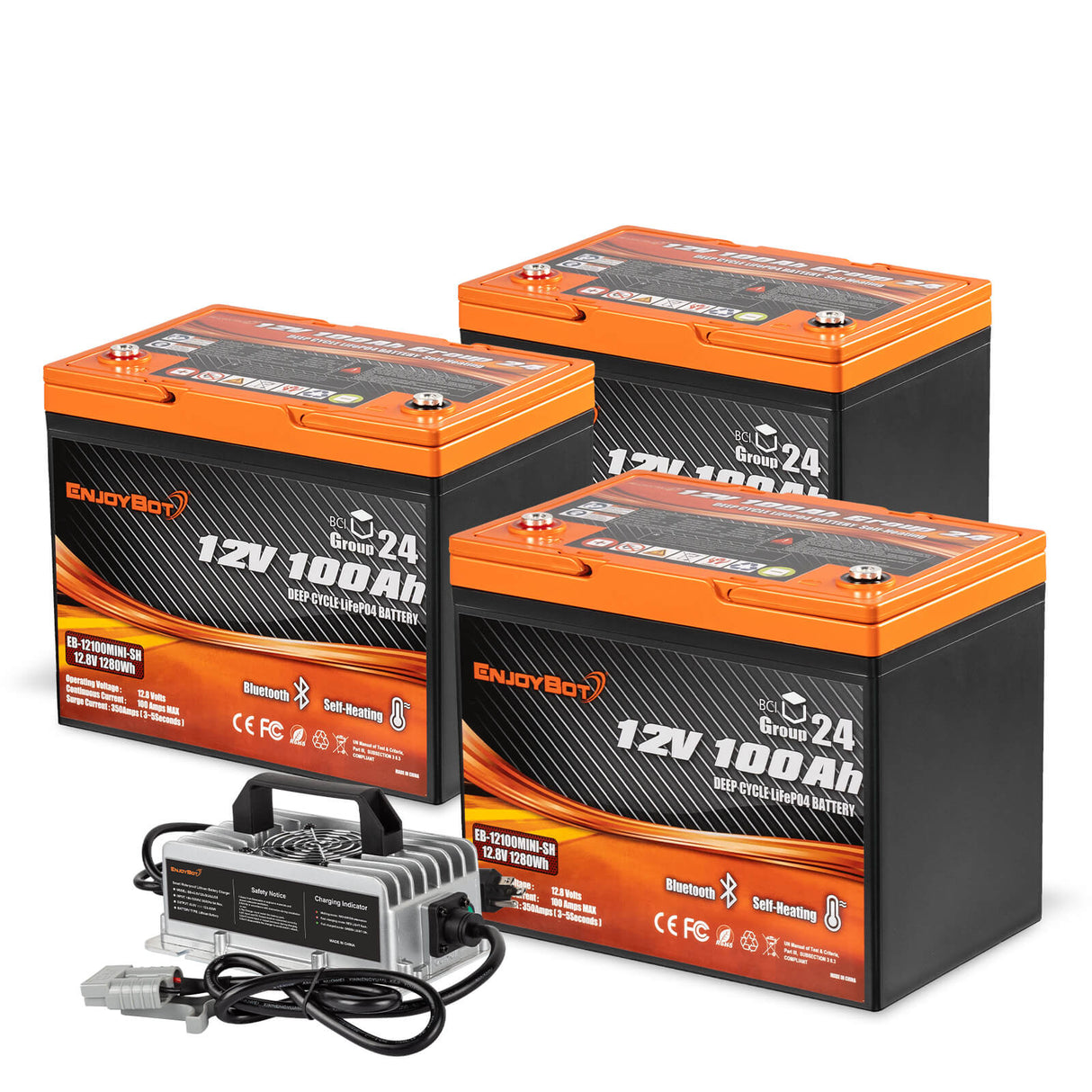 Enjoybot 12V 100Ah Group 24 Self-Heating & Bluetooth Lithium LiFePO4 Battery_3 Pack+43.8V 12A Charger