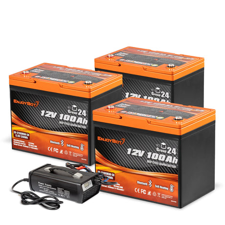 Enjoybot 12V 100Ah Group 24 Self-Heating & Bluetooth Lithium LiFePO4 Battery_3 Pack+43.8V 20A Charger