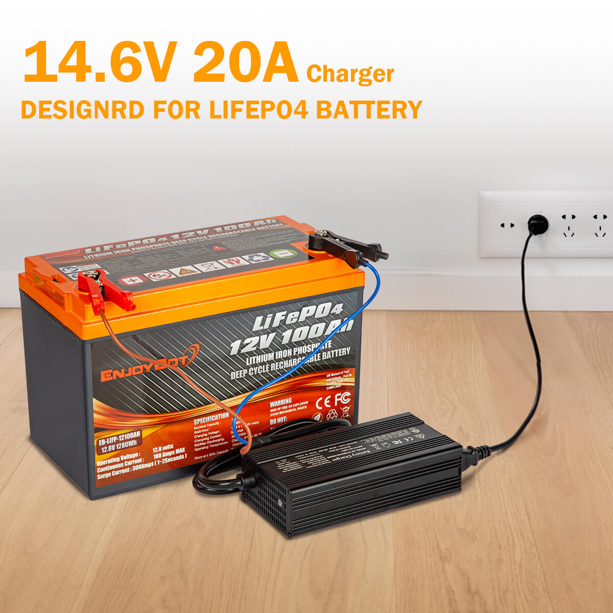 Enjoybot 14.6V 20A LiFePO4 Lithium Battery Charger Alligator Clamps | 0V Charging Activation