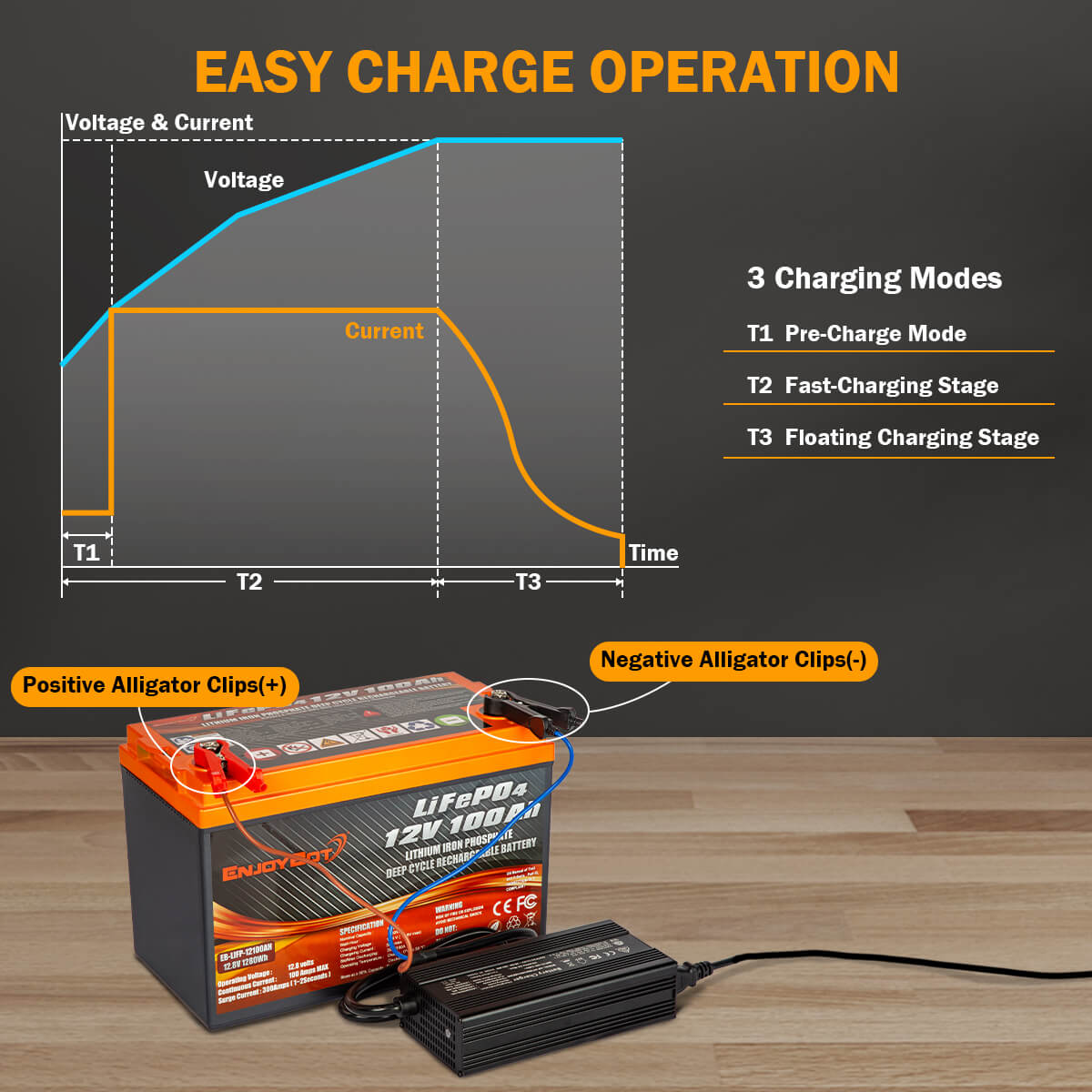 Enjoybot 14.6V 20A LiFePO4 Lithium Battery Charger Alligator Clamps | 0V Charging Activation