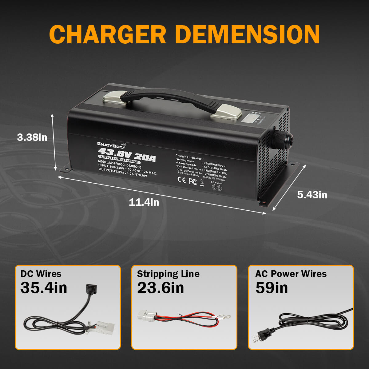 Enjoybot 43.8V 20A LiFePO4 Lithium Battery Charger | Ring Terminal | 0V Charging Activation