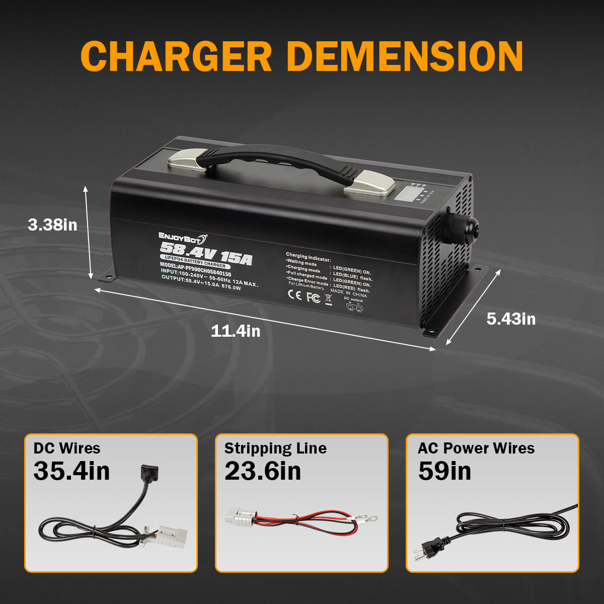 Enjoybot 58.4V 15A LiFePO4 Lithium Battery Charger | Ring Terminal | 0V Charging Activation